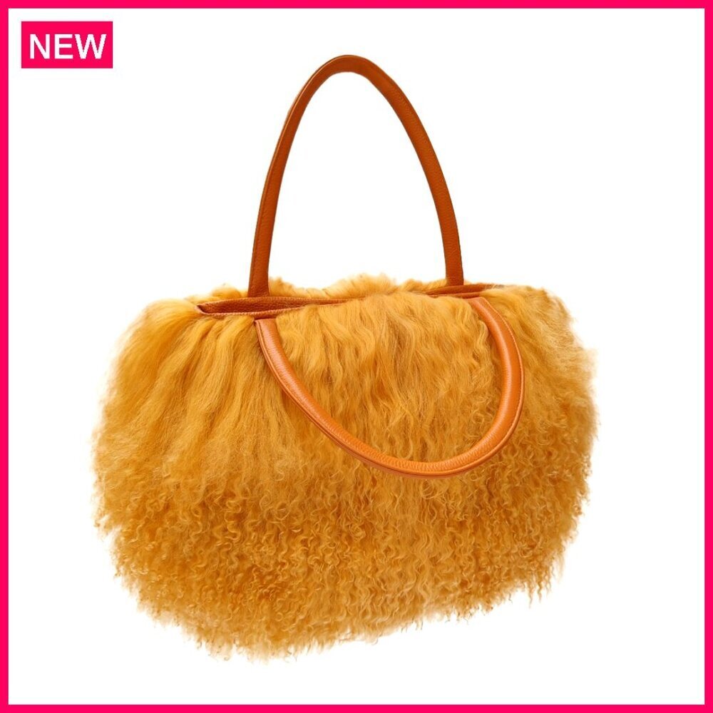 Real Lamb Fur Tote Bag with Leather Handles, Large Capacity